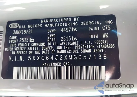 2021 Kia K5 Gt-Line из США, поврежденный, VIN 5XXG64J2XMG057136